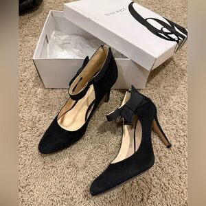 Nine West Black Suede Bow Ankle Heel- Size 8.5